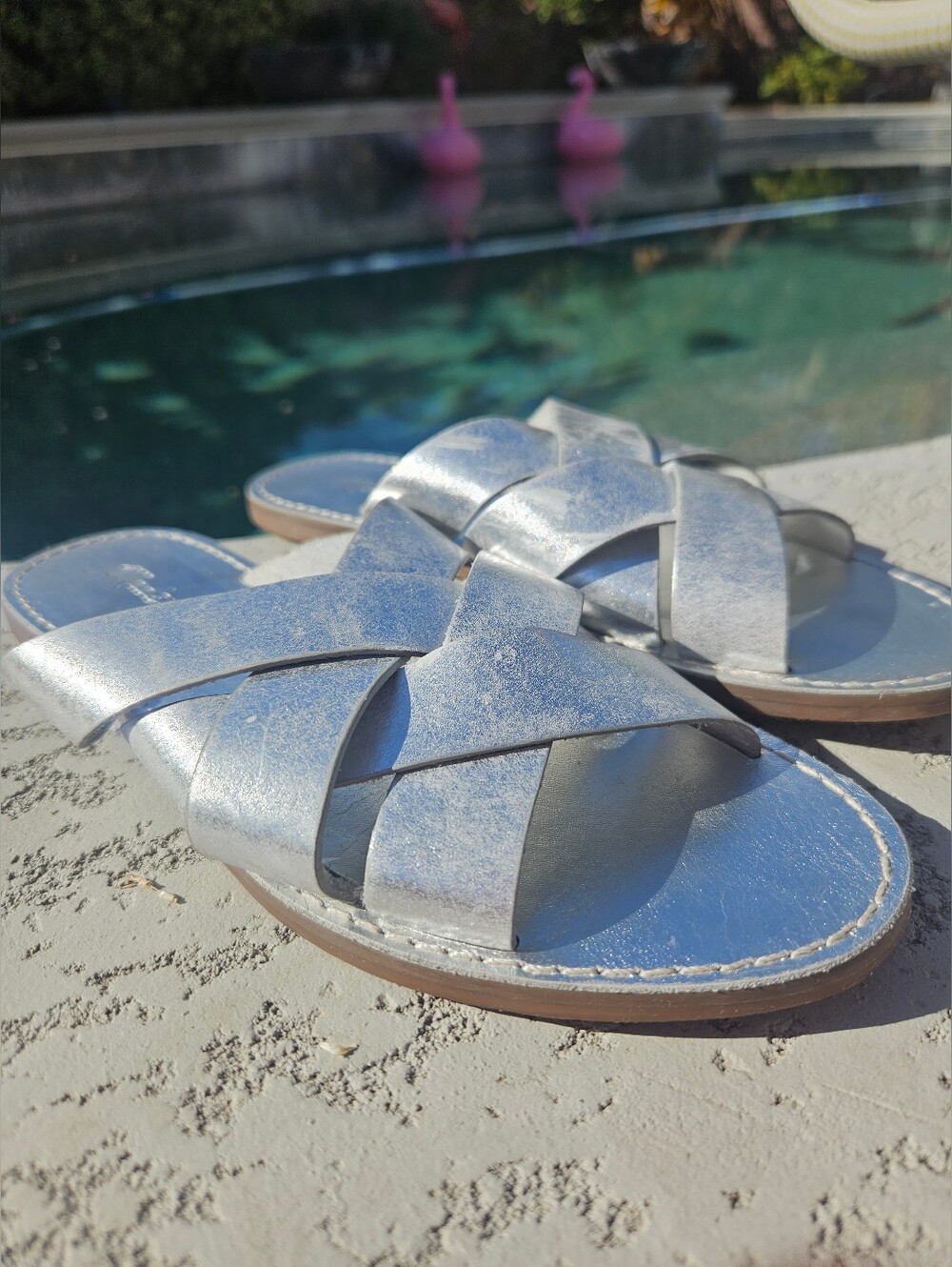 Silver Metallic Leather Slides